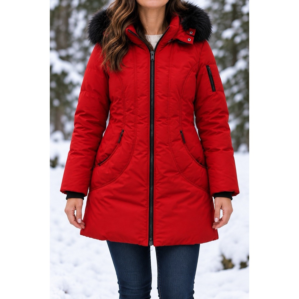 HFX Womens L Red Winter Coat Detachable Faux Fur Hood Long Parka